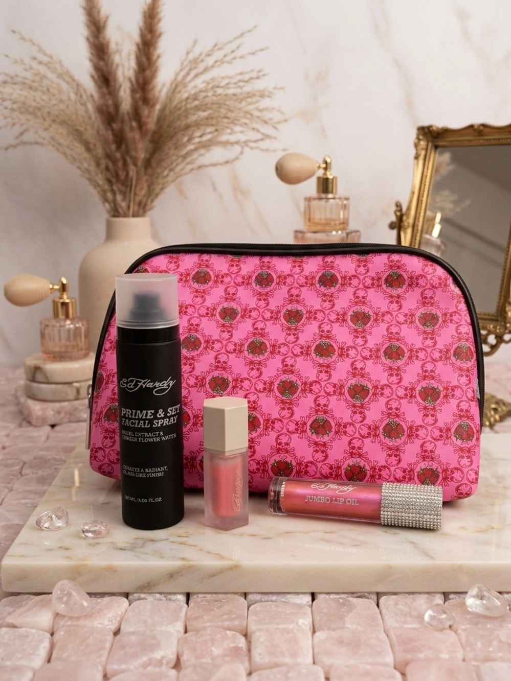 Ed Hardy 4 Piece Beauty Bundle- Lip Oil, Blush, Setting Spray